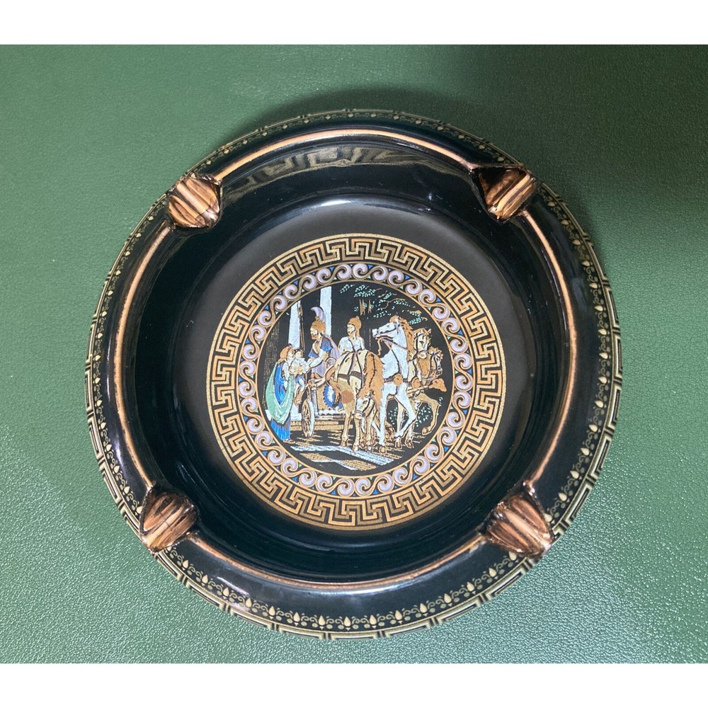 Ceramic Round Ashtray Handmade In Greece Black With 24k Gold Trim